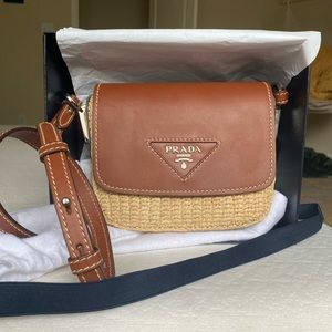 Brown leather/tan wicker long strap Prada bag. Authentic and barely used.